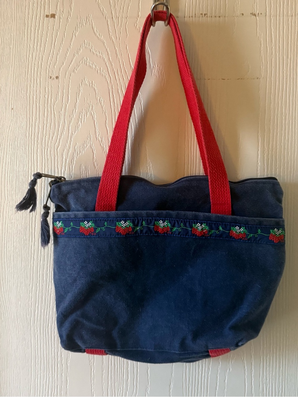 Navy Canvas Tote with Red Handles and Strawberry Embroidery